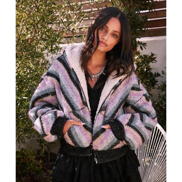 New Saltwater Luxe Carmen Jacket Multi Striped Sherpa Fleece Hoodie Small - Picture 1 of 9